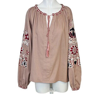 Free The Roses Womens Small Oversized Embroidered Pink Tunic Dress Linen Blend